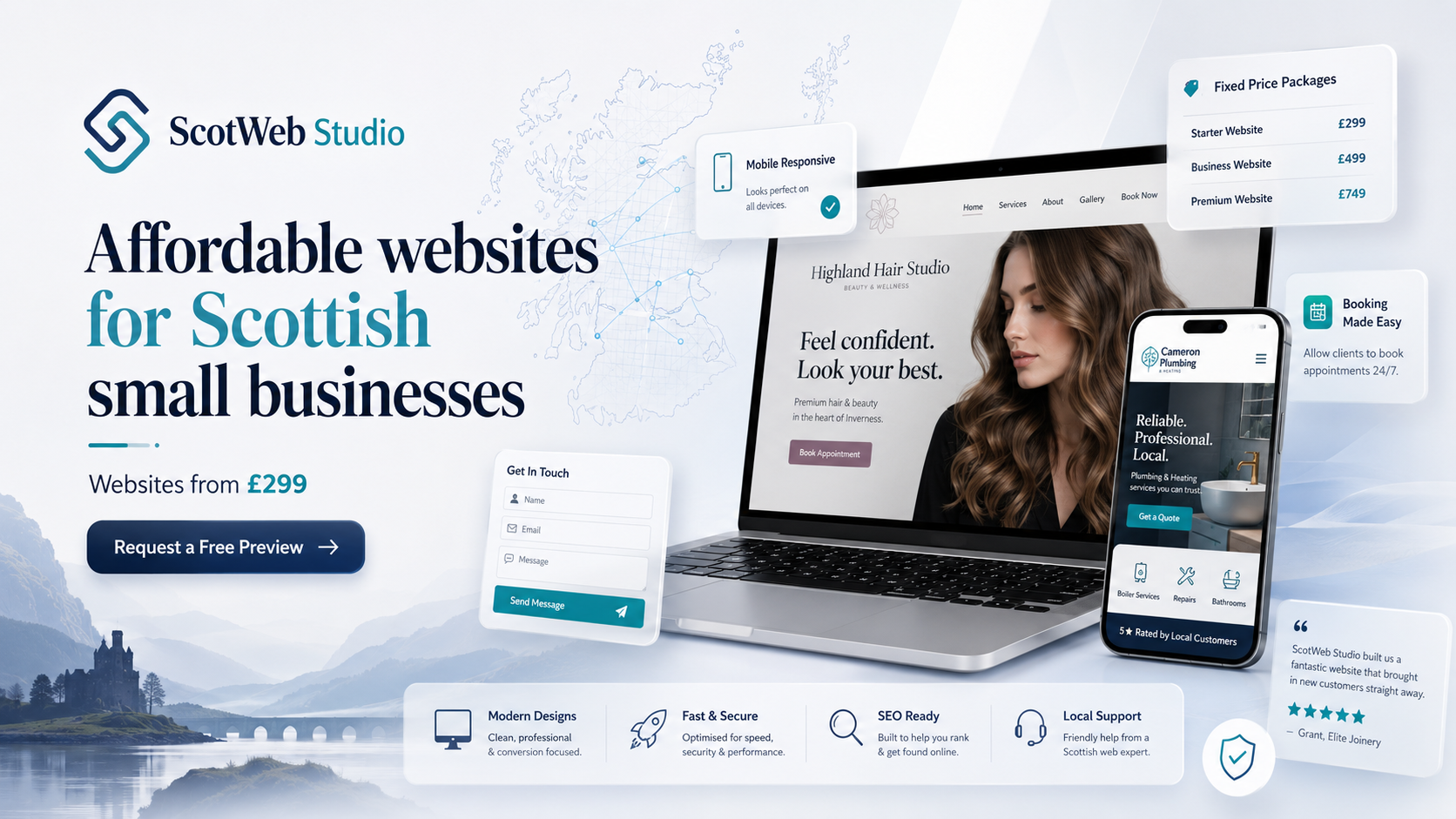 Example ScotWeb Studio website shown on laptop and mobile